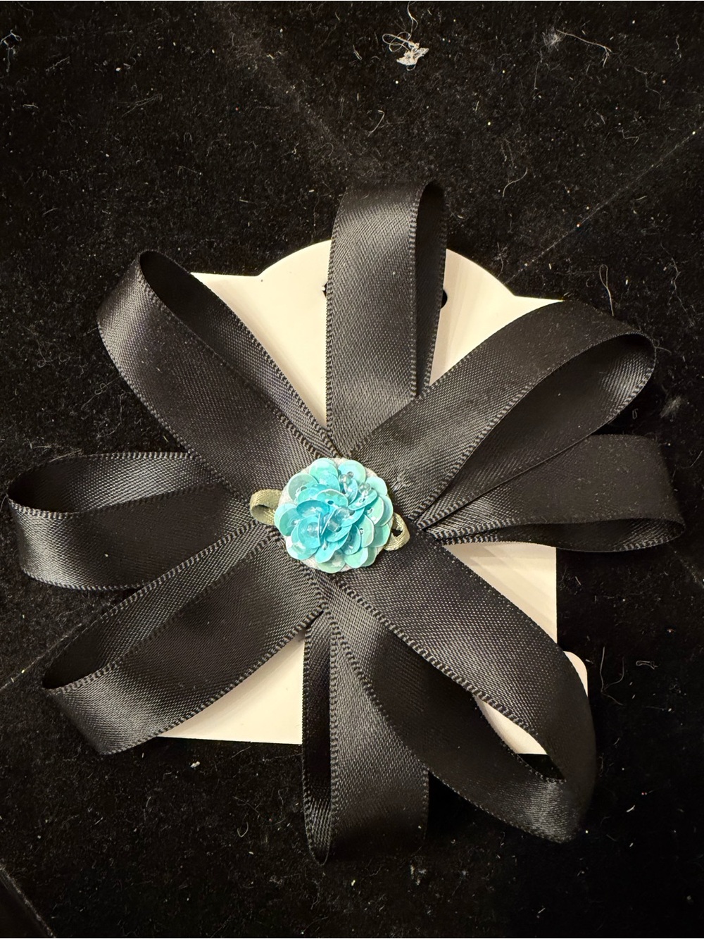 Black Satin Ribbon Flower Hair Clip with Teal Floral Center